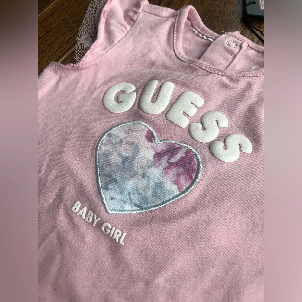 *NWT* Guess Baby Girl 0-3M Light Pink One-Piece w/Ruffled Tulle Sleeves & Heart